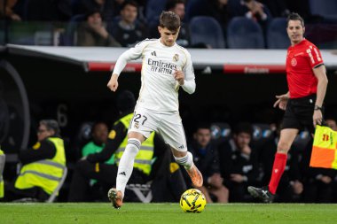 Madrid, İspanya - 14 Mart 2026: Real Madrid ile Elche arasındaki La Liga maçı Madrid 'deki Santiago Bernabu Stadyumu' nda oynandı. Maç sırasında Real Madrid oyuncuları. EA Sports La Liga.