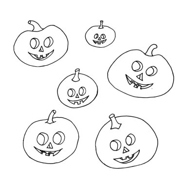 Beyaz arka planda klasik Cadılar Bayramı balkabakları seti. Mutlu Cadılar Bayramı 'nın ana sembolü. El çizimi siyah çizim taslağı. Vektör illüstrasyonu.