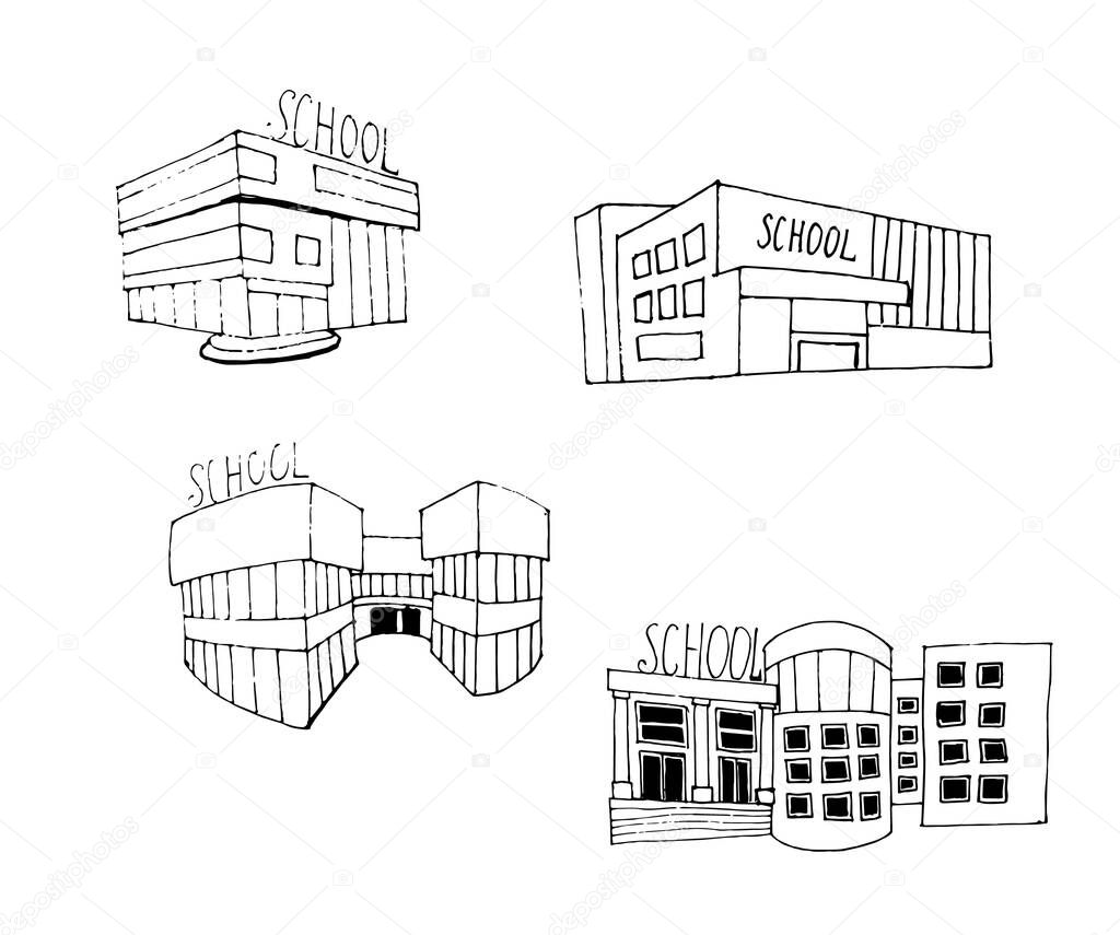 School building illustration in hand drawn style. Vector set of logo design templates and signs for identity, business cards and packaging.