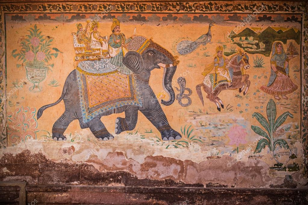 Indian culture wall painting | Ancient indian wall painting with animals  and people — Stock Photo © ilterzosole #60819671