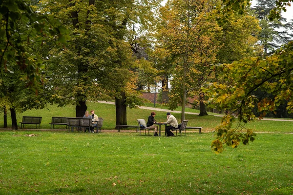 People Talking Playing Chess Letna Park Autumn 2020 Prague Quarantine — Stock Photo, Image