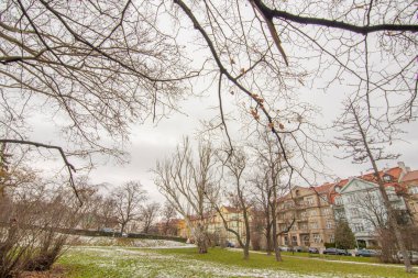 Prag, Çek Cumhuriyeti. 01-31-2021. Prag şehrindeki Park Letna 'da kar ve ağaçların güzel manzarası, soğuk kış boyunca..