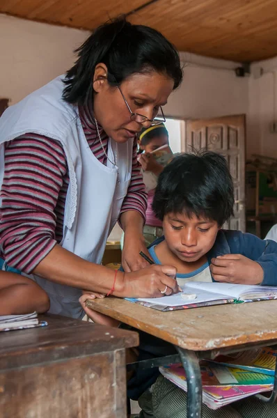 查科省阿根廷 2019 阿根廷北部查科省帮助学生做作业的土著教师 — 图库照片