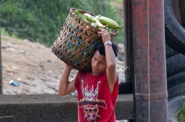 Darien Province, Panama. 07-18-2019. Indigenous young adolescent working on the port of Yaviza carrying vegetables in the Darien Province, Panama, Central America, clipart