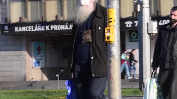 Praga República Checa 2021 Homem Hippie Velho Com Urso Branco — Vídeo de Stock