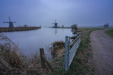 Bulutlu bir gün, Kinderdijk 'teki yel değirmenleri Hollanda.