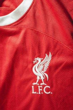 Liverpool ev formasından yakın çekim 2023 / 2024.
