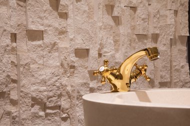 lavabo, musluk, musluk, altın, duvar, döşeme, duvar kağıdı, banyo