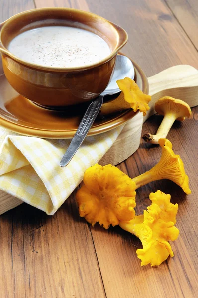 Суп из золотых лисичек с грибами с чашкой и ложкой . — стоковое фото