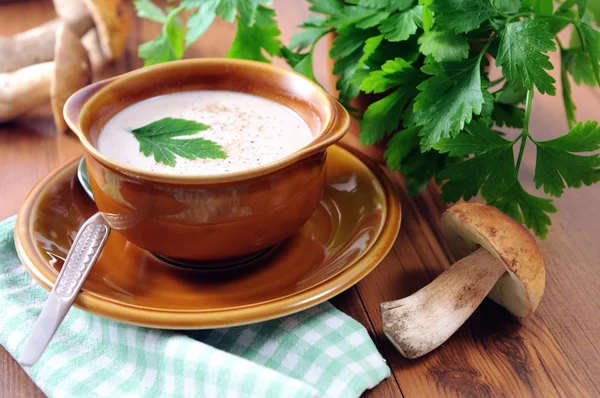 Пенни булочка грибной суп с чашкой и ложкой и куча петрушки — стоковое фото