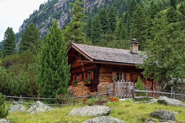 Casa tradițională la Krimmler Achental (Austria) lângă creveți — Fotografie, imagine de stoc