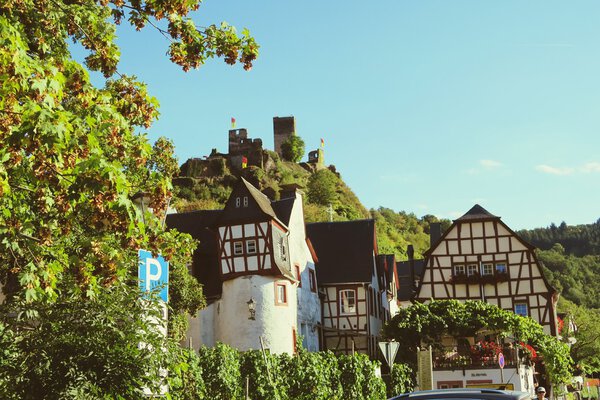 BEILSTEIN, RHINELAND-PALATINATE/ Germany August 30 2016: Cityscape of village Beilstein at Moselle river with its small streets and half-timbered houses. retro retoch.