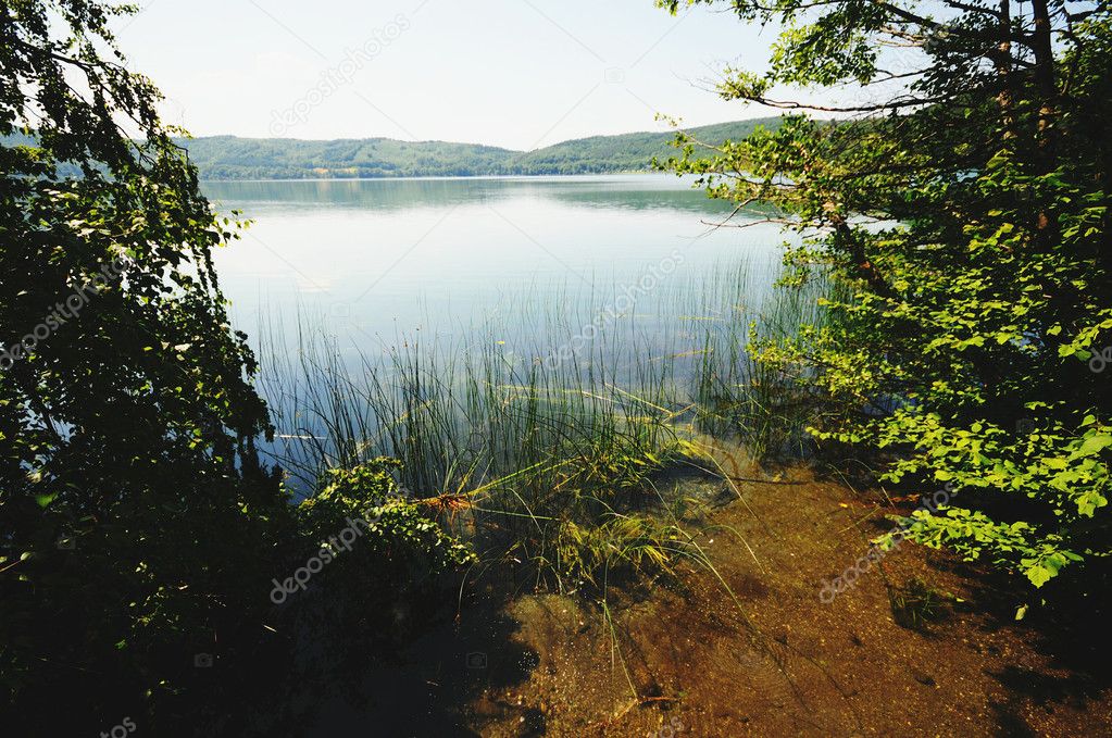 view to Laacher See lake with its trees. 