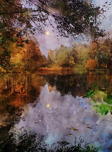 湖上的秋天风景水彩画 森林丛生 芦苇丛生 月球在水中的反射 夜间作业 — 图库照片