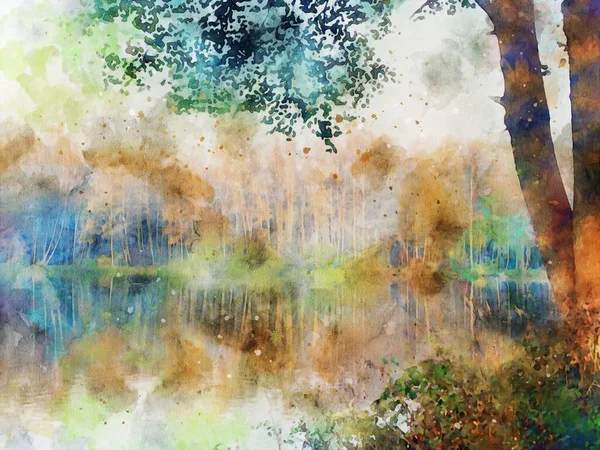Υδατογραφία Απεικόνιση Του Τοπίου Του Φθινοπώρου Μια Λίμνη Δάσος Και — Φωτογραφία Αρχείου