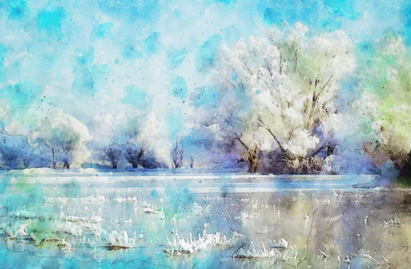 Akvarell Målning Havel Flod Vinter Landskap Tyskland Snöig Havellandstrakter — Stockfoto