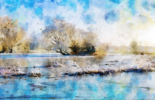 Watercolor Painting Havel River Winter Landscape Germany Snowy Havelland Region — Stock Photo, Image