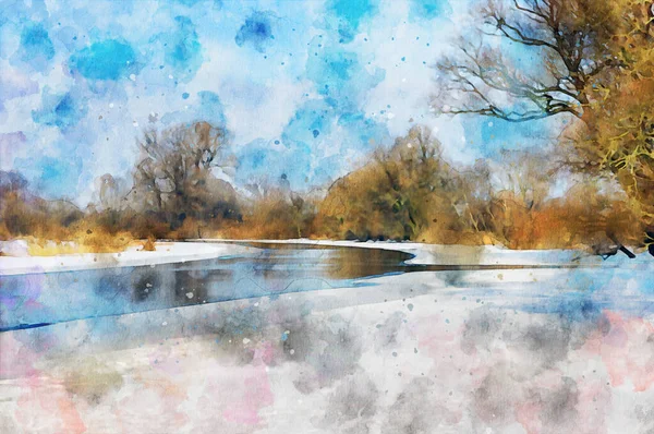 Aquarell Gemälde Der Havel Winterlandschaft Deutschland Verschneites Havelland — Stockfoto