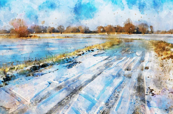 Aquarelle Peinture Havel Rivière Paysage Hiver Allemagne Région Enneigée Havelland — Photo