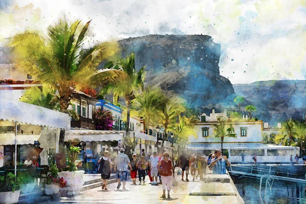 Akvarellmålning Stadsbilden Puerto Morgan Gran Canaria Spanien Folk Går Genom — Stockfoto