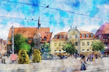 Erfurt şehrinin suluboya tablosu, Thüringen 'in başkenti. Öfke mekanında yürüyen insanlar. Almanya.