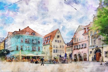 Erfurt şehrinin suluboya tablosu, Thüringen 'in başkenti. Öfke mekanında yürüyen insanlar. Almanya.