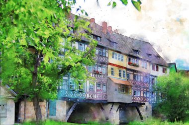 Erfurt Krammerbruecke Köprüsü 'nün suluboya resmi. Köprüde yarı keresteli evler inşa edilir..