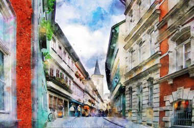 Erfurt Krammerbruecke Köprüsü 'nün suluboya resmi. Köprüde yarı keresteli evler inşa edilir..