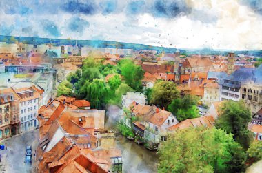 Erfurt 'un suluboya tablosu. Şehir manzarası gökyüzü manzaralı. Yukarıdan. Thüringen 'in başkenti.