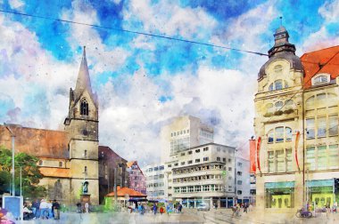 Erfurt şehrinin suluboya tablosu, Thüringen 'in başkenti. Öfke mekanında yürüyen insanlar. Almanya.