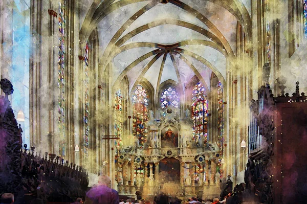 Pittura Acquerello Della Cattedrale Erfurt All Interno — Foto Stock