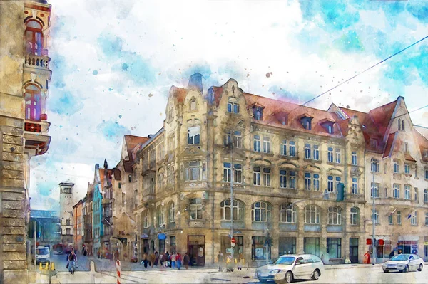 Akvarell Festése Erfurt Városkép Fővárosa Türingia Emberek Átsétálnak Dühöngő Helyen — Stock Fotó