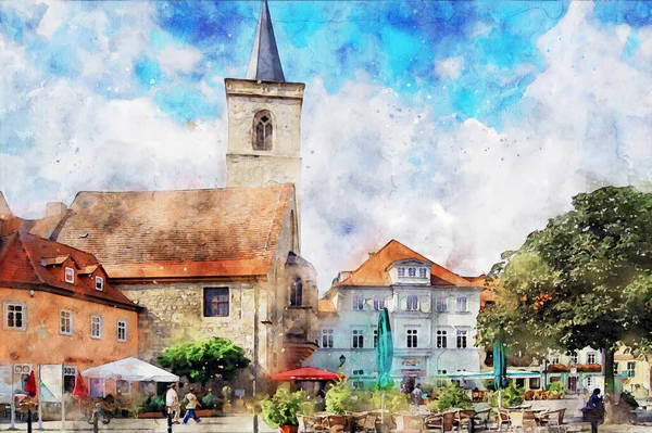 Pittura Acquerello Erfurt Con Suo Posto Mercato Wenige Con Chiesa — Foto Stock