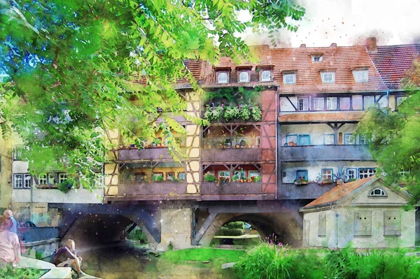 Pintura Aquarela Erfurt Krammerbruecke Bridge Casas Meia Madeira São Construídas — Fotografia de Stock