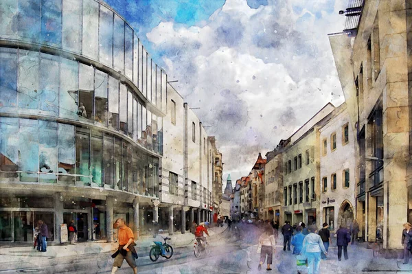 Pintura Acuarela Erfurt Capital Del Paisaje Urbano Thuringia Gente Caminando — Foto de Stock