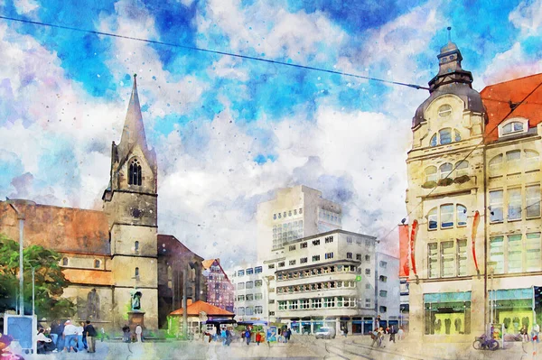 Pittura Acquerello Della Città Erfurt Capitale Della Turingia Gente Cammina — Foto Stock