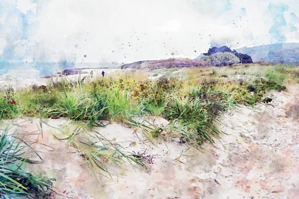Landskap Hiddensee Island Östersjön Tyskland Långt Genom Sanddyner Akvarellmålning — Stockfoto