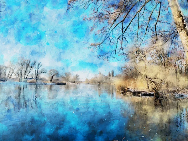 Verschneite Winterlandschaft Der Havel Havelland Aquarellmalerei — Stockfoto