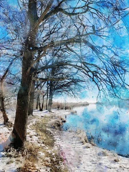 Havellandin Havel Joen Luminen Talvimaisema Vesivärimaalaus — kuvapankkivalokuva