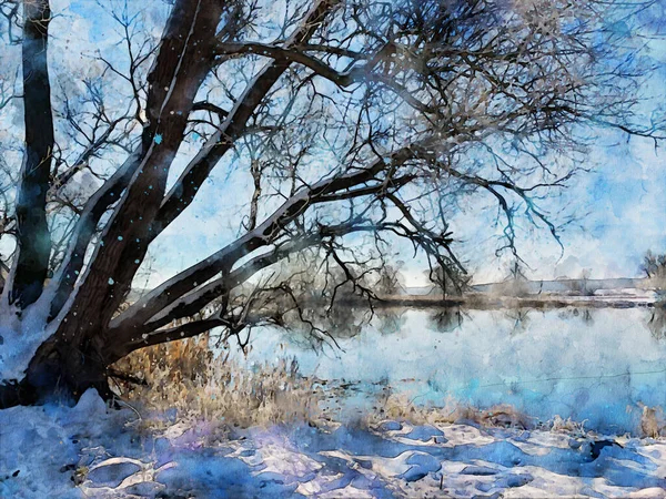 Sněžná Zimní Krajina Řece Havel Havellandu Akvarel — Stock fotografie
