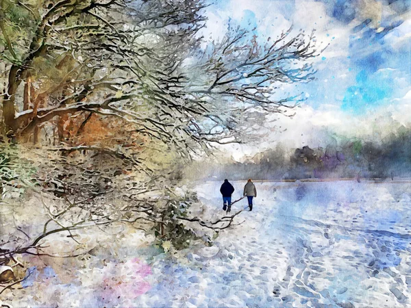 Paar Wandelingen Langs Troebele Winterbossen Met Besneeuwde Dennen Bospad — Stockfoto