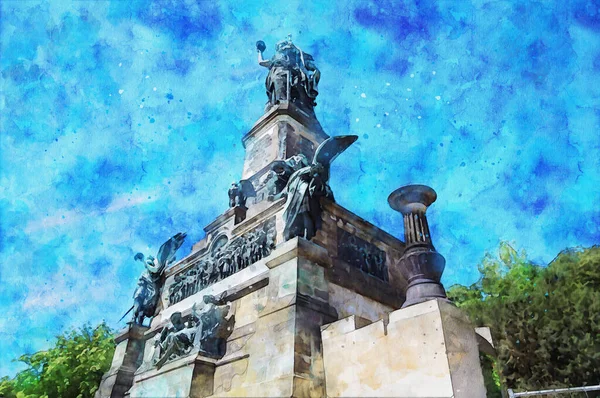Akvarel Malby Niederwaldské Památky Vyhlídky Rýnské Rokli Německu Poblíž Ruedesheimu — Stock fotografie