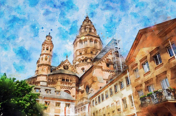 Akvarel Katedrály Mohuči Německu — Stock fotografie