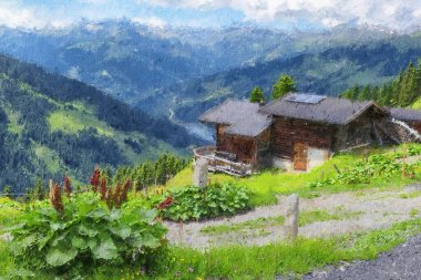Avusturya Alplerinin yağlı boya çizimi. Tirol Alplerindeki geleneksel ahır. Zillertal