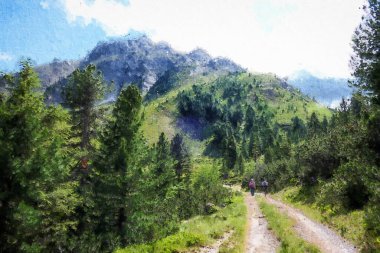 Avusturya Alplerinin yağlı boya çizimi. Tirol 'de yürüyüş yolu olan dağ ormanı.