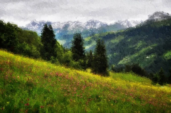 Ölgemälde Illustriert Die Österreichischen Alpen Bergwald Mit Wanderweg Tirol lizenzfreie Stockbilder