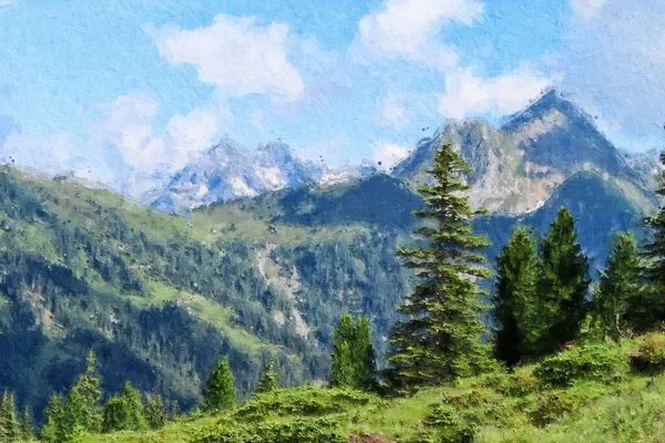 Ölgemälde Illustriert Die Österreichischen Alpen Bergwald Mit Wanderweg Tirol Stockbild