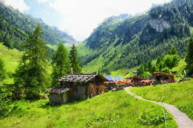 Yüksek Tauern sıradağlarındaki Avusturyalı tirol tarlalarının yağlı boya tabloları..