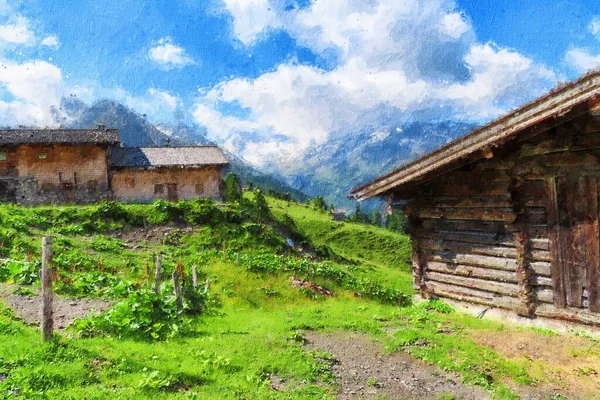 Malarstwo Olejne Płótno Austriackiego Tyrolskiego Pola Uprawnego Wysokiej Tauern Pasmo — Zdjęcie stockowe