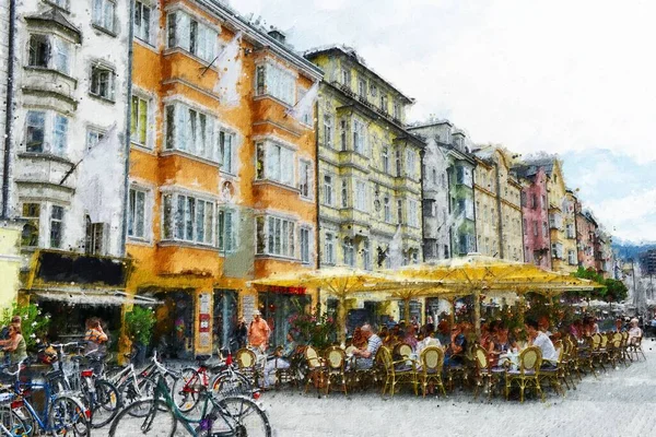Tela Pintura Óleo Cidade Innsbruck Pessoas Sentadas Restaurante Verão — Fotografia de Stock